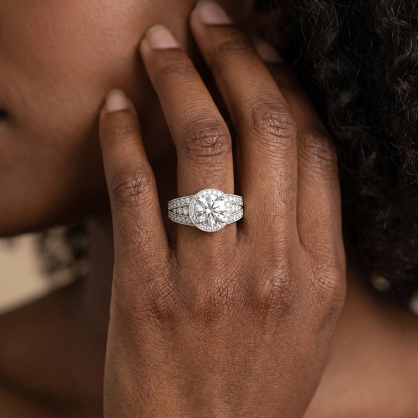 White gold Round Halo Diamond Split Shank Ring with Prong Setting