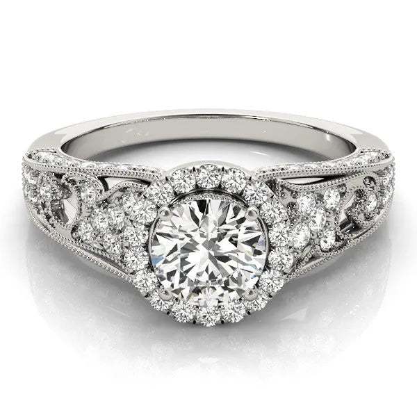 White gold Round Halo Diamond Vintage Split Shank Ring with Milgrain Edge