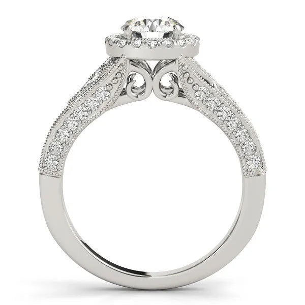 White gold Round Halo Diamond Vintage Split Shank Ring with Milgrain Edge