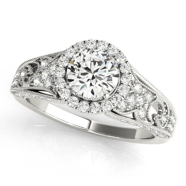 White gold Round Halo Diamond Vintage Split Shank Ring with Milgrain Edge
