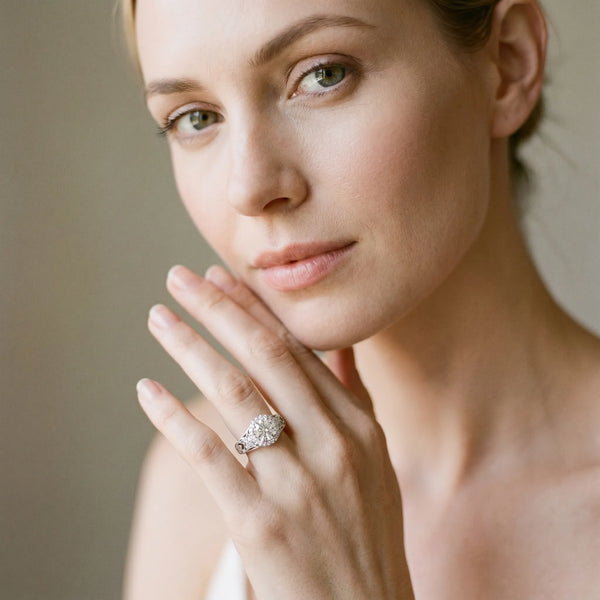 White gold Round Halo Diamond Vintage Split Shank Ring with Milgrain Edge