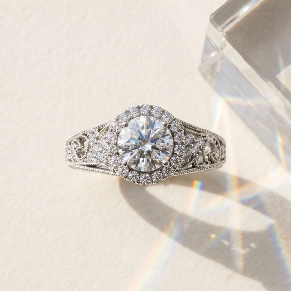 White gold Round Halo Diamond Vintage Split Shank Ring with Milgrain Edge