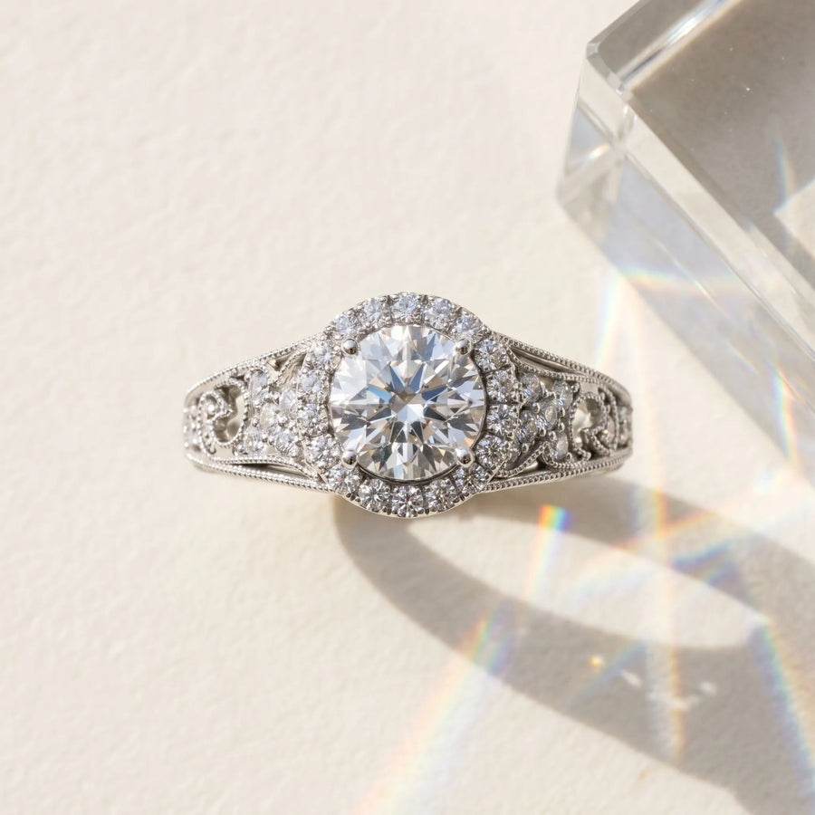 White gold Round Halo Diamond Vintage Split Shank Ring with Milgrain Edge