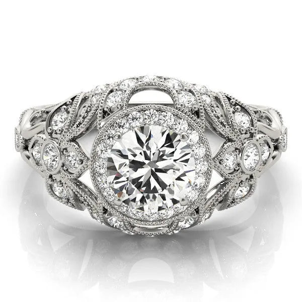 White gold Round Halo Filigree Diamond Engagement Ring with Prong Setting