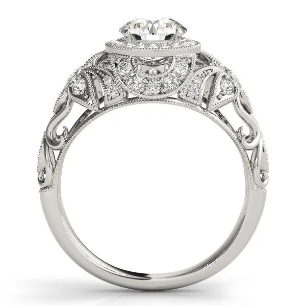 White gold Round Halo Filigree Diamond Engagement Ring with Prong Setting