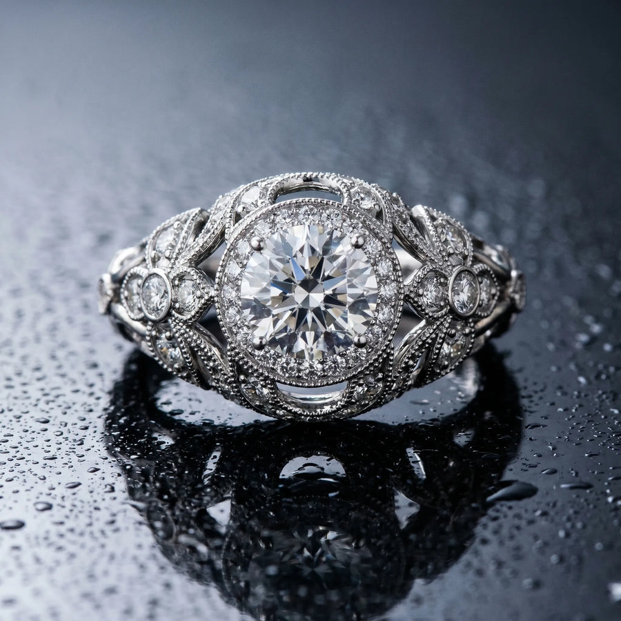 White gold Round Halo Filigree Diamond Engagement Ring with Prong Setting