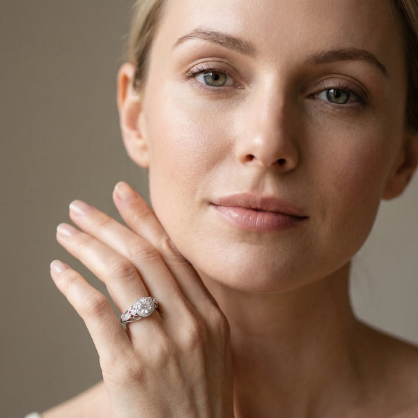 White gold Round Halo Filigree Diamond Engagement Ring
