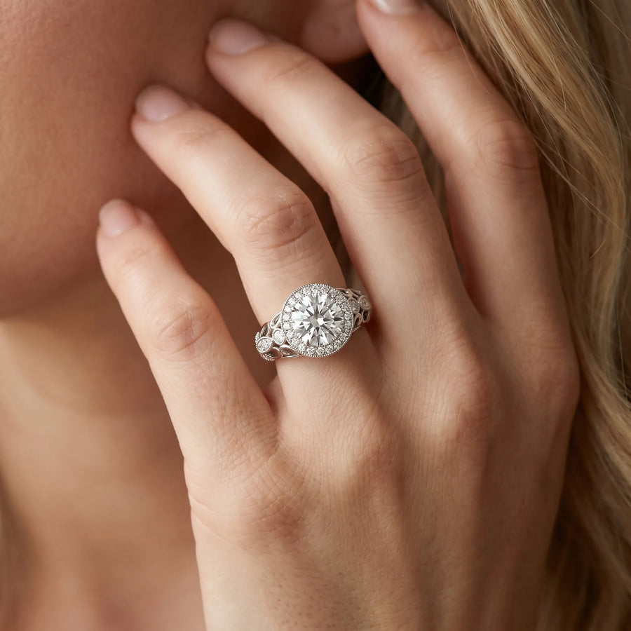 White gold Round Halo Filigree Diamond Engagement Ring