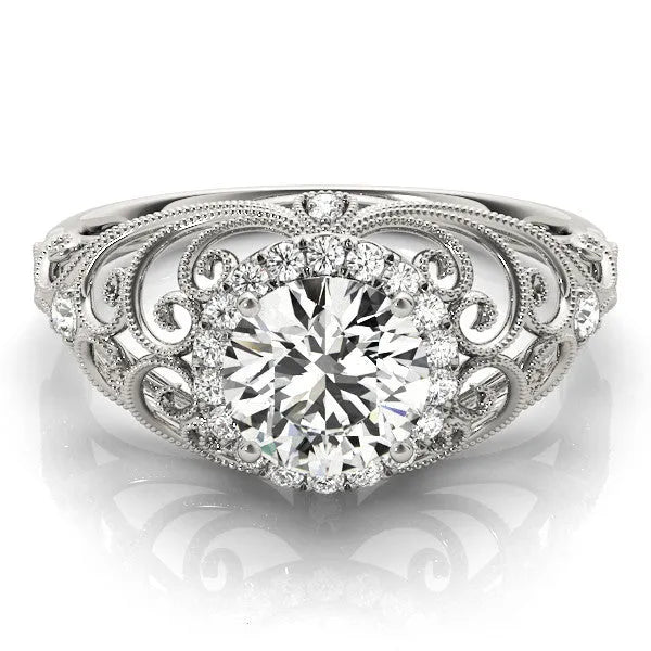 White gold Round Halo Filigree Solitaire Diamond Ring with Milgrain Detailing