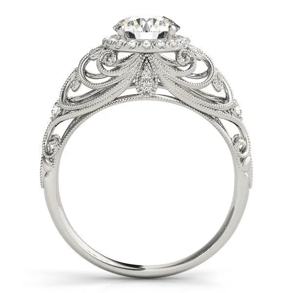 White gold Round Halo Filigree Solitaire Diamond Ring with Milgrain Detailing