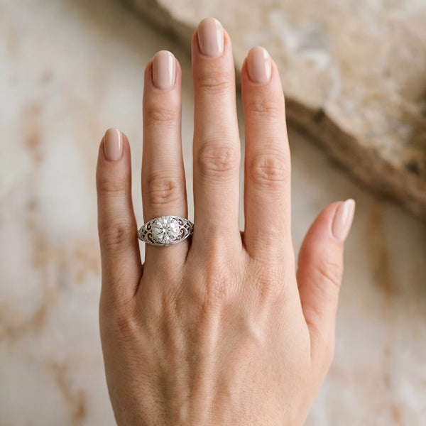 White gold Round Halo Filigree Solitaire Diamond Ring with Milgrain Detailing