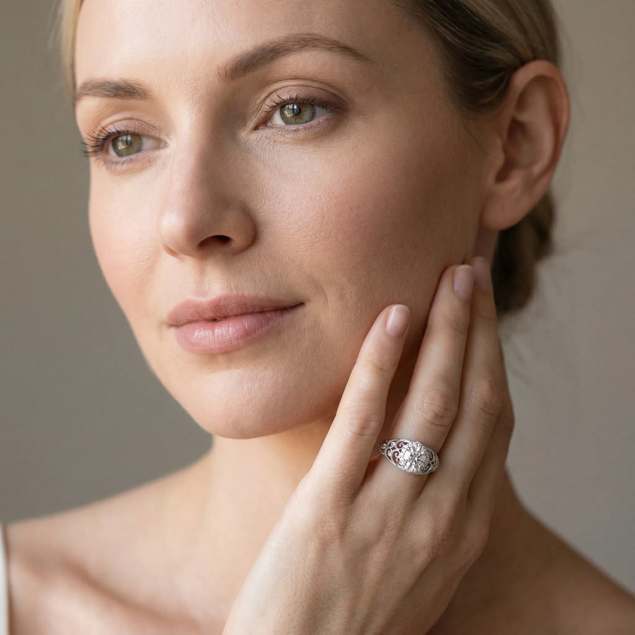 White gold Round Halo Filigree Solitaire Diamond Ring with Milgrain Detailing