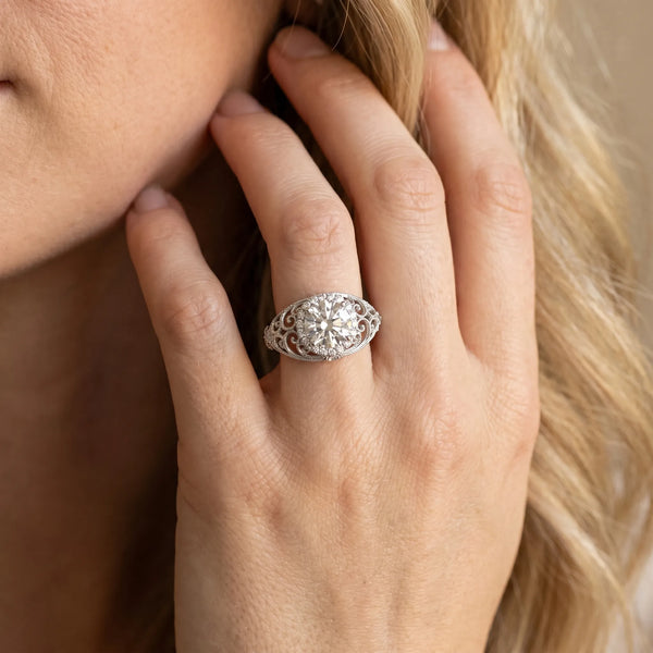 White gold Round Halo Filigree Solitaire Diamond Ring with Milgrain Detailing
