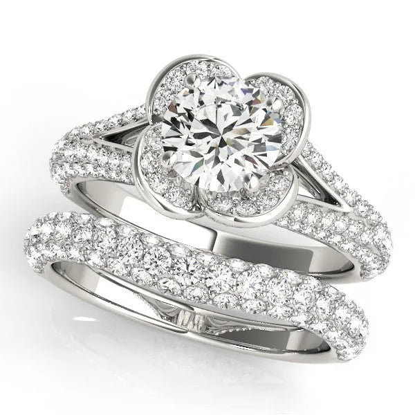 White gold Round Halo Floral Diamond Engagement Ring with Pave Split Shank and Four-Prong Setting