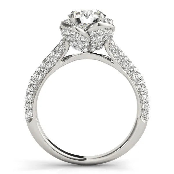 White gold Round Halo Floral Diamond Engagement Ring with Pave Split Shank and Four-Prong Setting