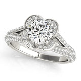 White gold Round Halo Floral Diamond Engagement Ring with Pave Split Shank and Four-Prong Setting