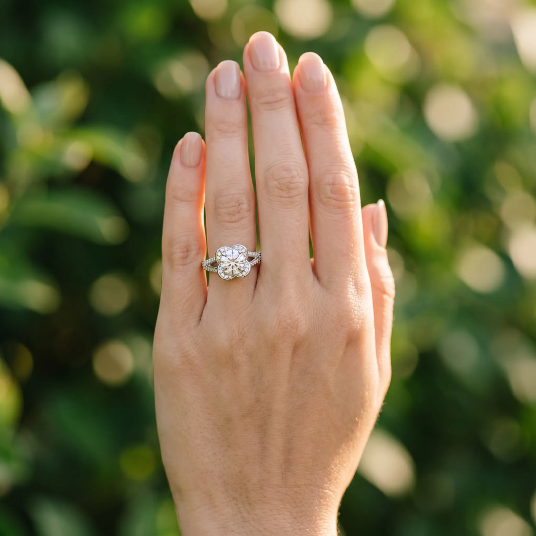 White gold Round Halo Floral Diamond Engagement Ring with Pave Split Shank and Four-Prong Setting_6