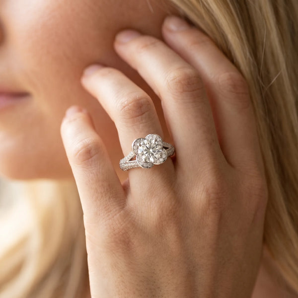 White gold Round Halo Floral Diamond Engagement Ring with Pave Split Shank and Four-Prong Setting