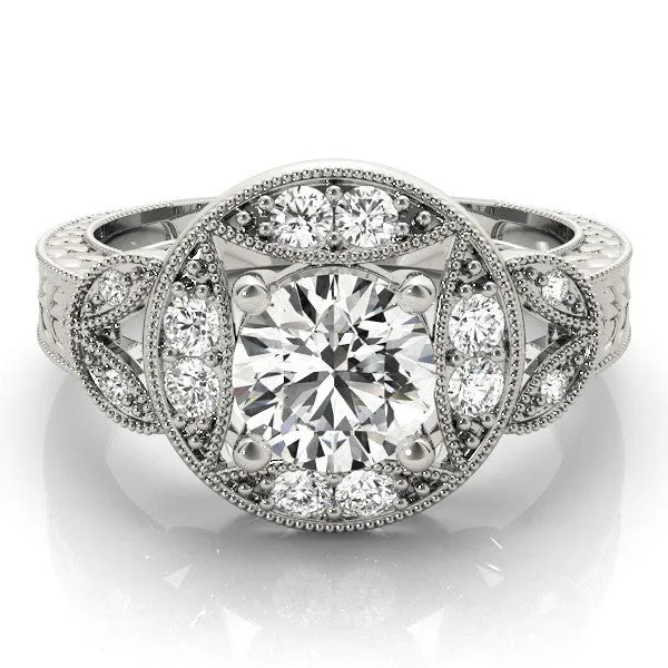 White gold Round Halo Milgrain Diamond Engagement Ring with Leaf Band and Four-Prong Setting