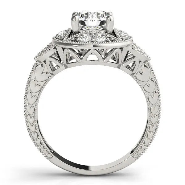 White gold Round Halo Milgrain Diamond Engagement Ring with Leaf Band and Four-Prong Setting