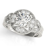 White gold Round Halo Milgrain Diamond Engagement Ring with Leaf Band and Four-Prong Setting