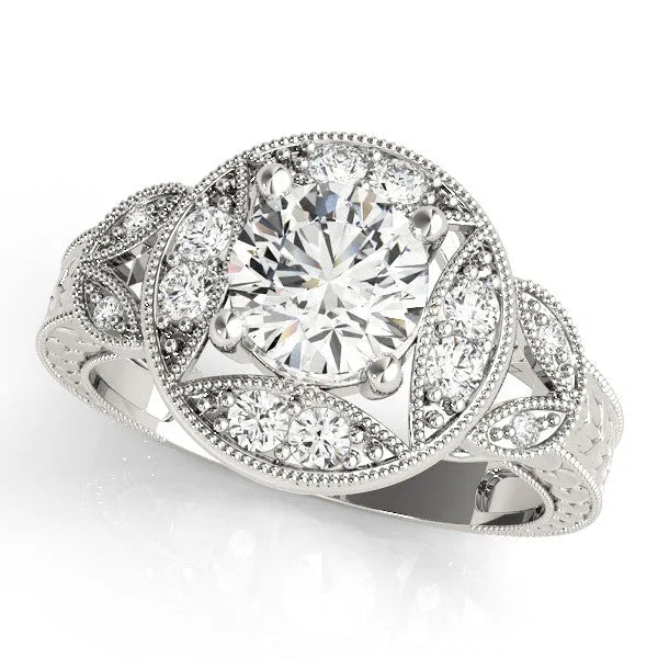 White gold Round Halo Milgrain Diamond Engagement Ring with Leaf Band and Four-Prong Setting