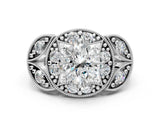 White gold Round Halo Milgrain Diamond Engagement Ring with Leaf Band and Four-Prong Setting_14