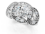 White gold Round Halo Milgrain Diamond Engagement Ring with Leaf Band and Four-Prong Setting_15