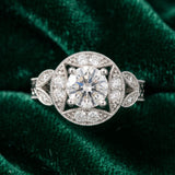 White gold Round Halo Milgrain Diamond Engagement Ring with Leaf Band and Four-Prong Setting_28