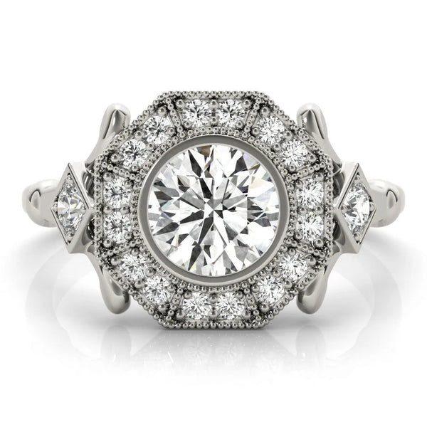 White gold Round Halo Milgrain Diamond Ring with Split Shank and Bezel Setting