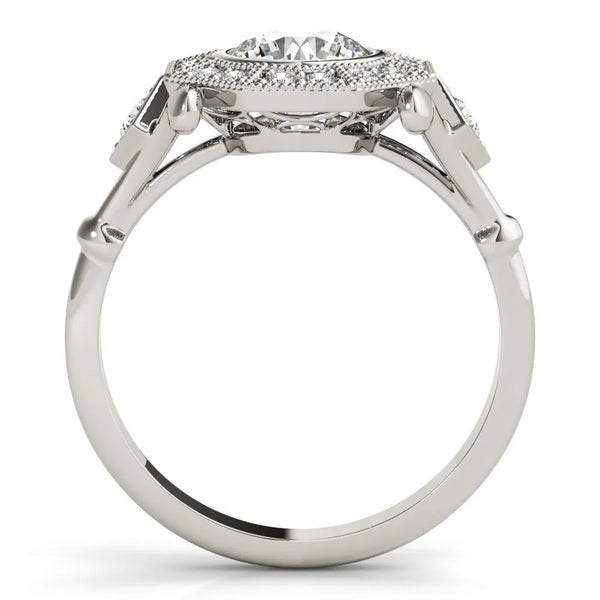 White gold Round Halo Milgrain Diamond Ring with Split Shank and Bezel Setting