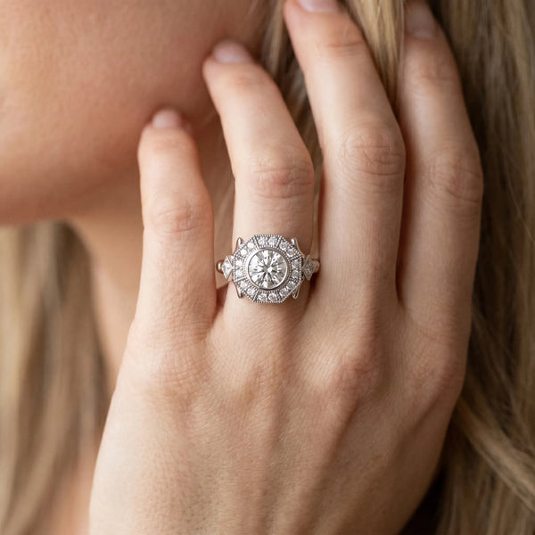 White gold Round Halo Milgrain Diamond Ring with Split Shank and Bezel Setting