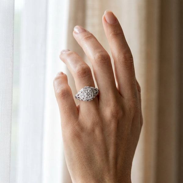 White gold Round Halo Milgrain Pave Diamond Engagement Ring with Filigree Band and Four-Prong Setting