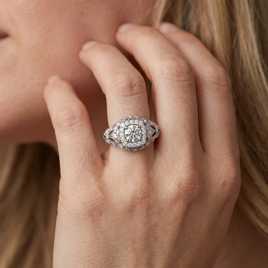White gold Round Halo Milgrain Pave Diamond Engagement Ring with Filigree Band and Four-Prong Setting