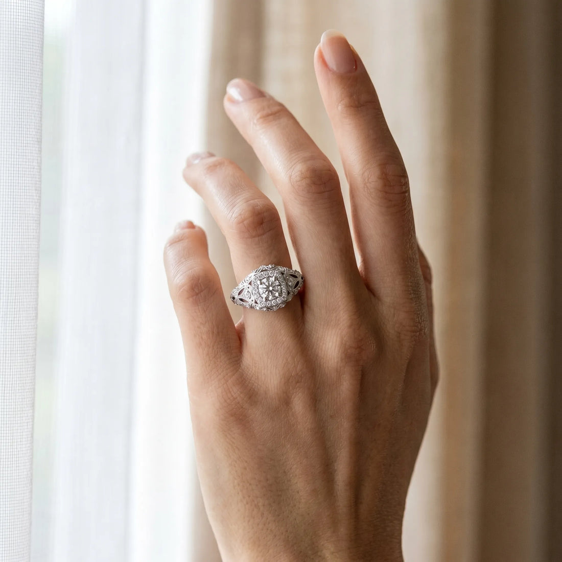 White gold Round Halo Milgrain Pave Diamond Engagement Ring with Filigree Band and Four-Prong Setting_49