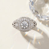 White gold Round Halo Milgrain Pave Diamond Engagement Ring with Filigree Band and Four-Prong Setting_49