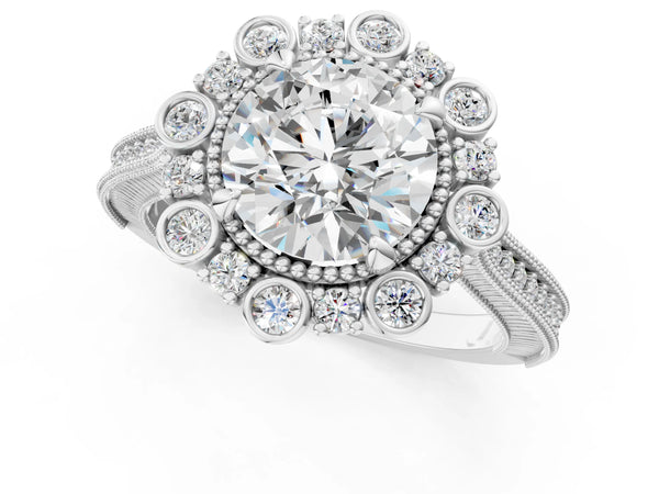 White gold Round Halo Milgrain Pave Diamond Ring with Four-Prong Setting
