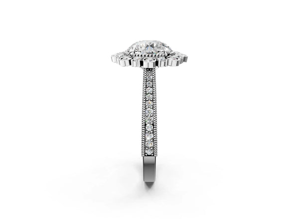 White gold Round Halo Milgrain Pave Diamond Ring with Four-Prong Setting