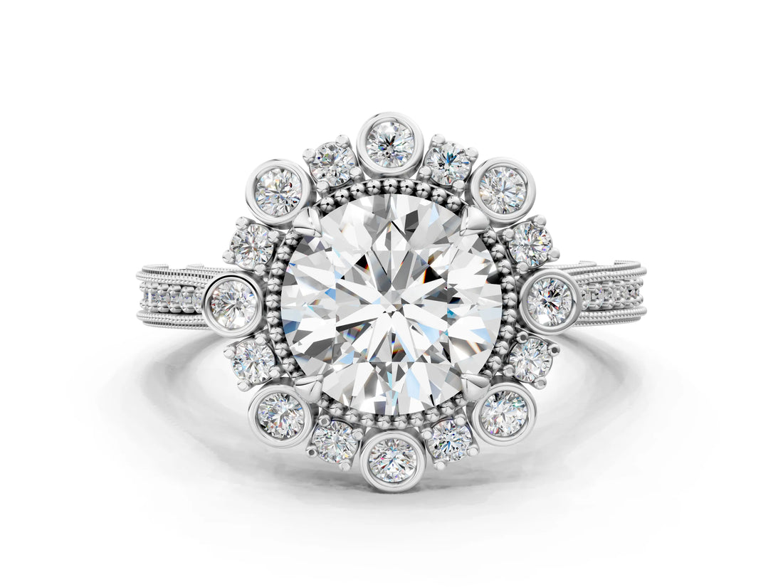 White gold Round Halo Milgrain Pave Diamond Ring with Four-Prong Setting