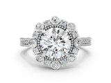 White gold Round Halo Milgrain Pave Diamond Ring with Four-Prong Setting