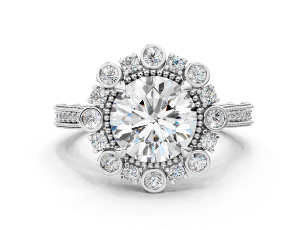 White gold Round Halo Milgrain Pave Diamond Ring with Four-Prong Setting