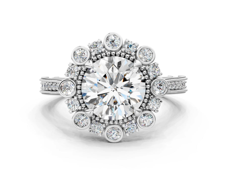 White gold Round Halo Milgrain Pave Diamond Ring with Four-Prong Setting