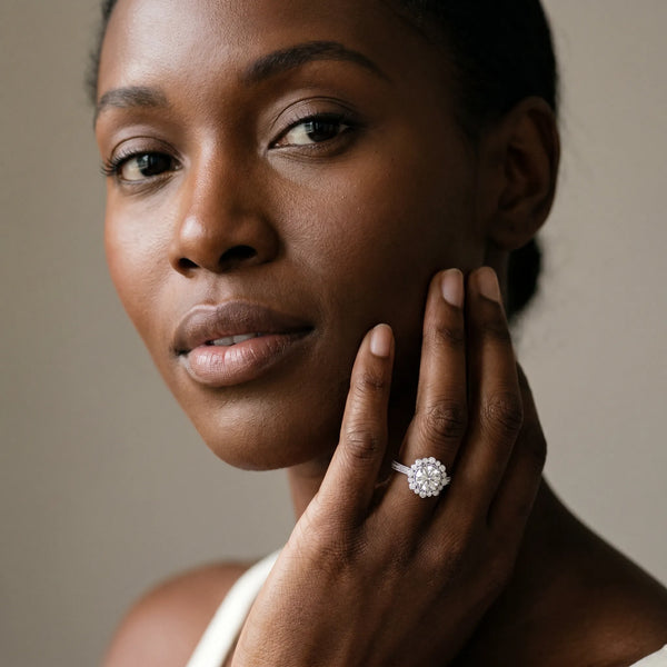 White gold Round Halo Milgrain Pave Diamond Ring with Four-Prong Setting