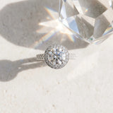 White gold Round Halo Milgrain Solitaire with Bezel Set Side Stones and Pave Band_15