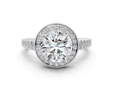 White gold Round Halo Milgrain Solitaire with Bezel Set Side Stones and Pave Band_51