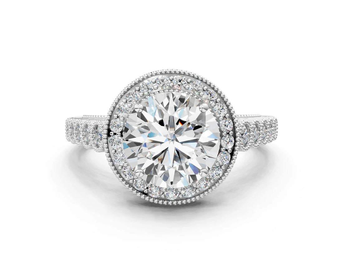 White gold Round Halo Milgrain Solitaire with Bezel Set Side Stones and Pave Band_51