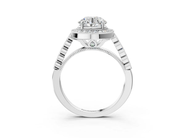 White gold Round Halo Milgrain Solitaire with Bezel Set Side Stones and Pave Band