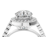 White gold Round Halo Milgrain Solitaire with Bezel Set Side Stones and Pave Band_55