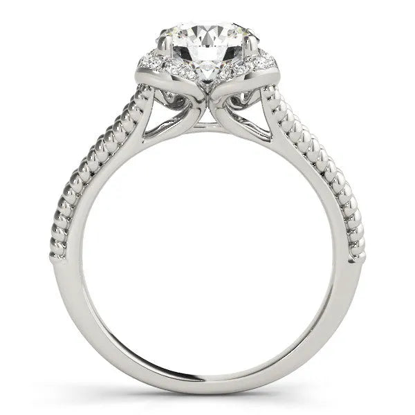 White gold Round Halo Milgrain Solitaire with Split Shank and Four-Prong Setting