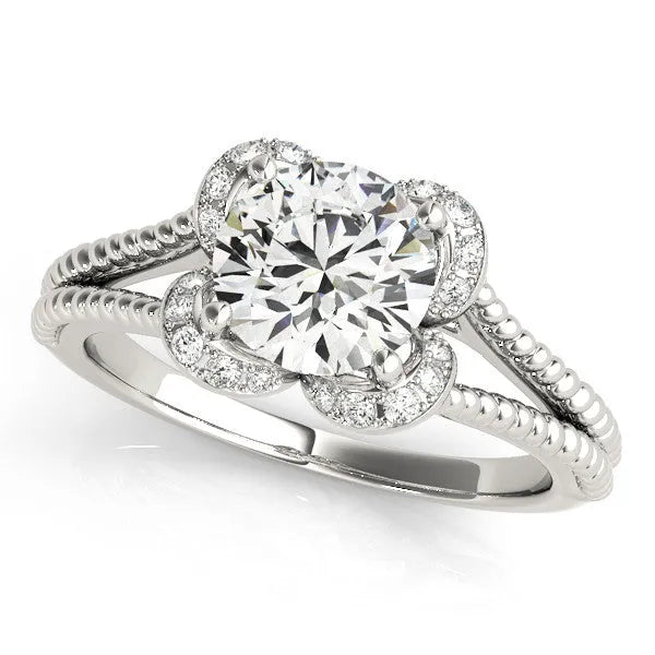 White gold Round Halo Milgrain Solitaire with Split Shank and Four-Prong Setting